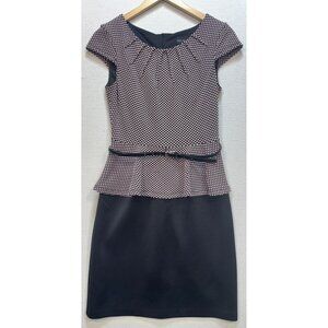 Connected Apparel Women's Belted Peplum Dress Sz 6 Black Pink Polka Dot Stretch
